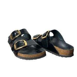Birkenstock Black Gold Arizona Big Buckle High Shine Leather Sandals EU 39